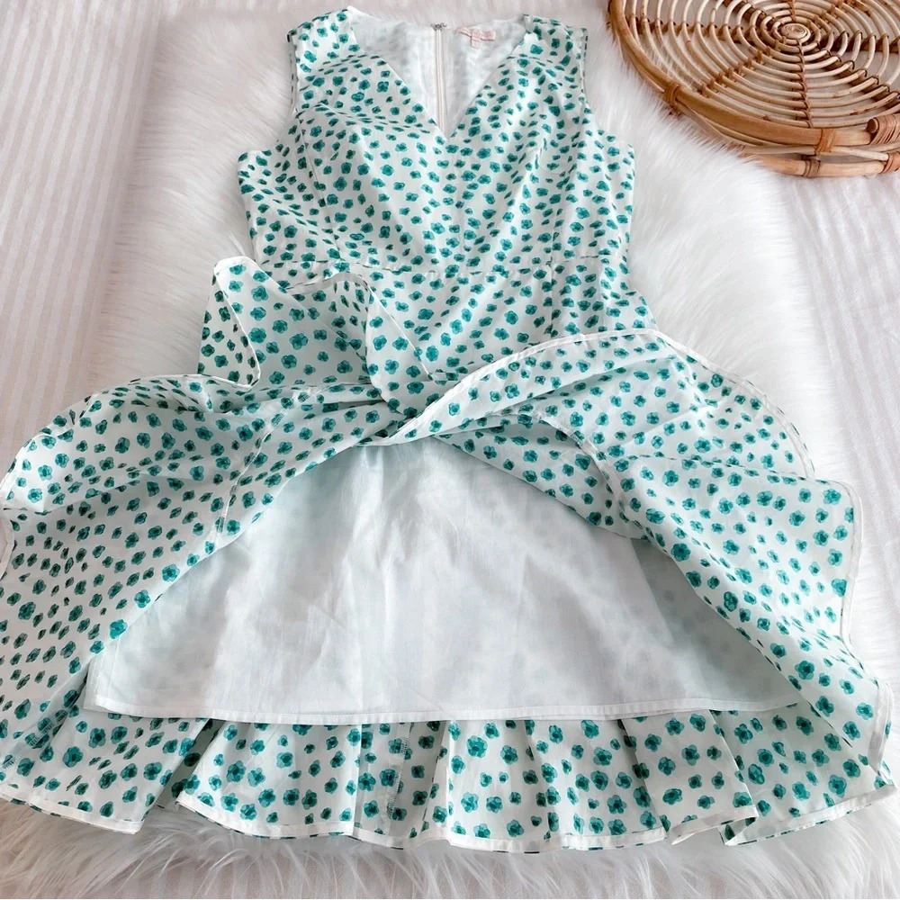 Rebecca Taylor Emerald Daisy Print Mini Dress Cream Green Floral Ruffle V-neck 4 - Picture 5 of 12